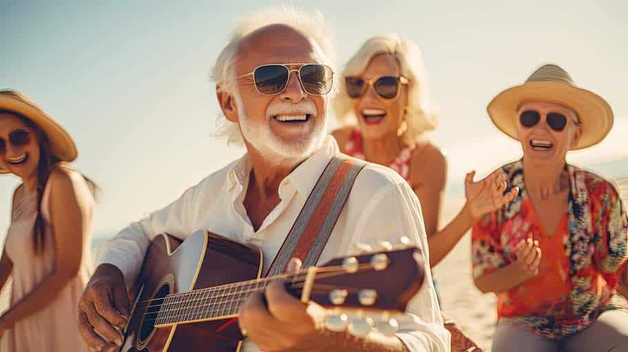 An older adult playing an acoustic guitar with people on a beach having fun at a party