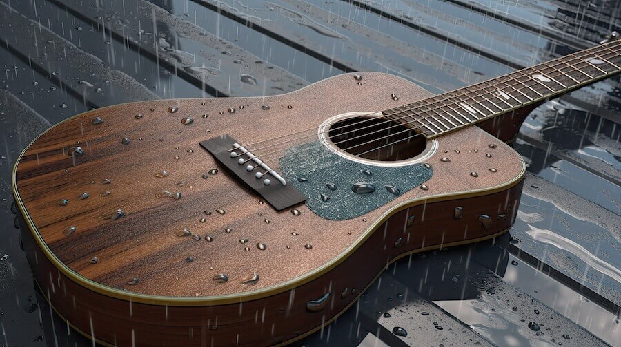 Acoustic guitar in the rain with broken strings
