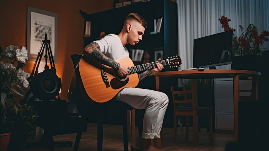 A young man sitting down learning to play acoustic guitar in an easy simple way