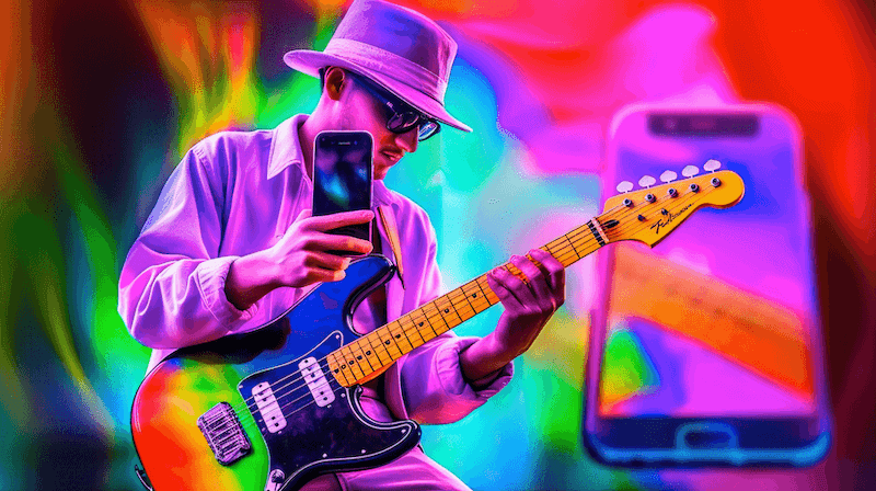 A cool looking older person playing electric guitar on stage surrounded by neon stage lights