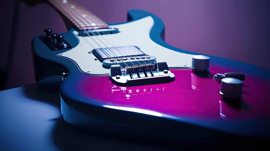 A close up angle of a stunning purple electric guitar that is best for beginners and pro guitar players