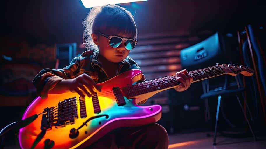 A kid playing the guitar with sunglasses on learning from an educational childrens book called "Guitar Basics for Kids" by Tiff Bryan