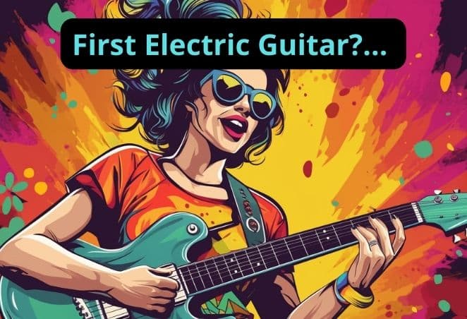 Woman guitarist playing a guitar in a guide on buying your first electric guitar for beginners