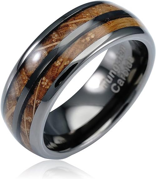 Gunmetal Gray Tungsten Rings For Men made out of a whiskey barrel