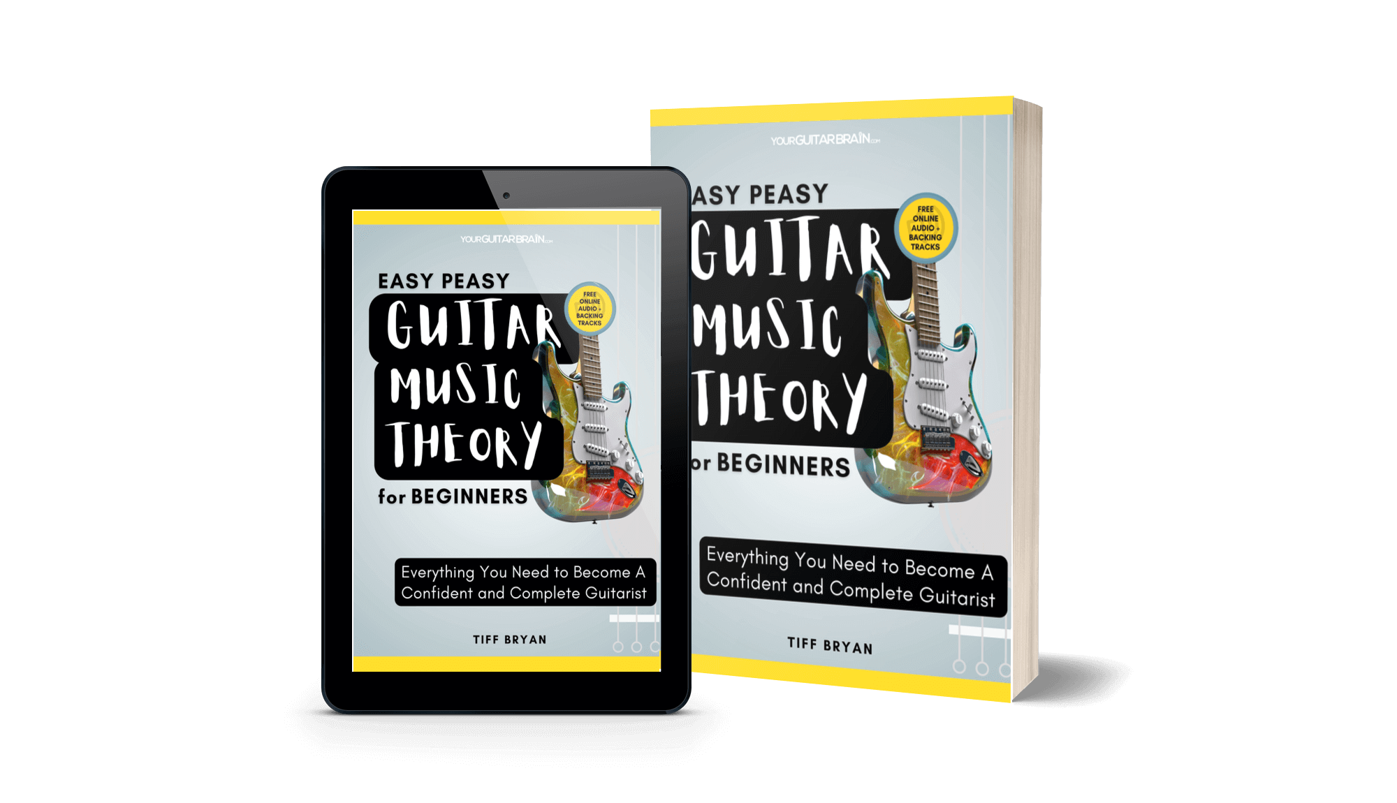 beginner learn guitar book music theory scales, rhythm, chords, learn fretboard notes intermediate easy peasy