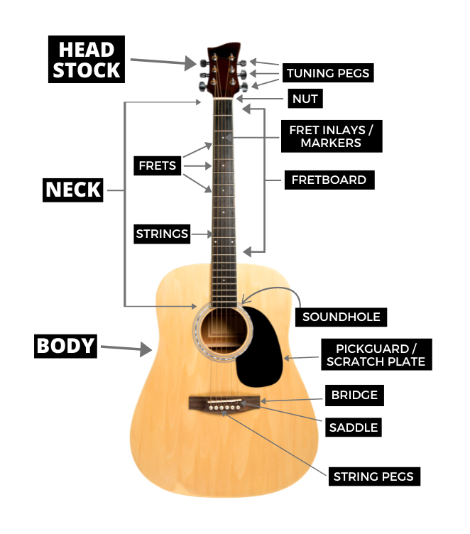 parts of an acoustic guitar diagram beginners what is a sound hole, frets, fretboard, acoustic guitar parts image labelled