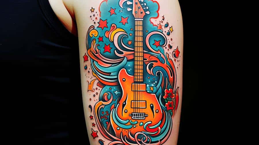 Guitar Tattoo Ideas for Men and Women: Bold, Beautiful, Individual, and Meaningful Designs with Symbolism and Placement Inspiration, arm tattoo idea, inner arm music tattoo, musician tattoo image
