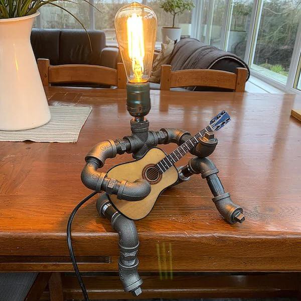 guitar lamp, gift idea for men, music gifts for guitar players, Music Guitar Table Lamp Art Decor Guitar Stuff Cool Gifts for Music Art Lovers Microphone Players for Men Steampunk Pipe Man Edison Bulb Lamps Retro Guitars Metal Pipe Industrial Robot Lights