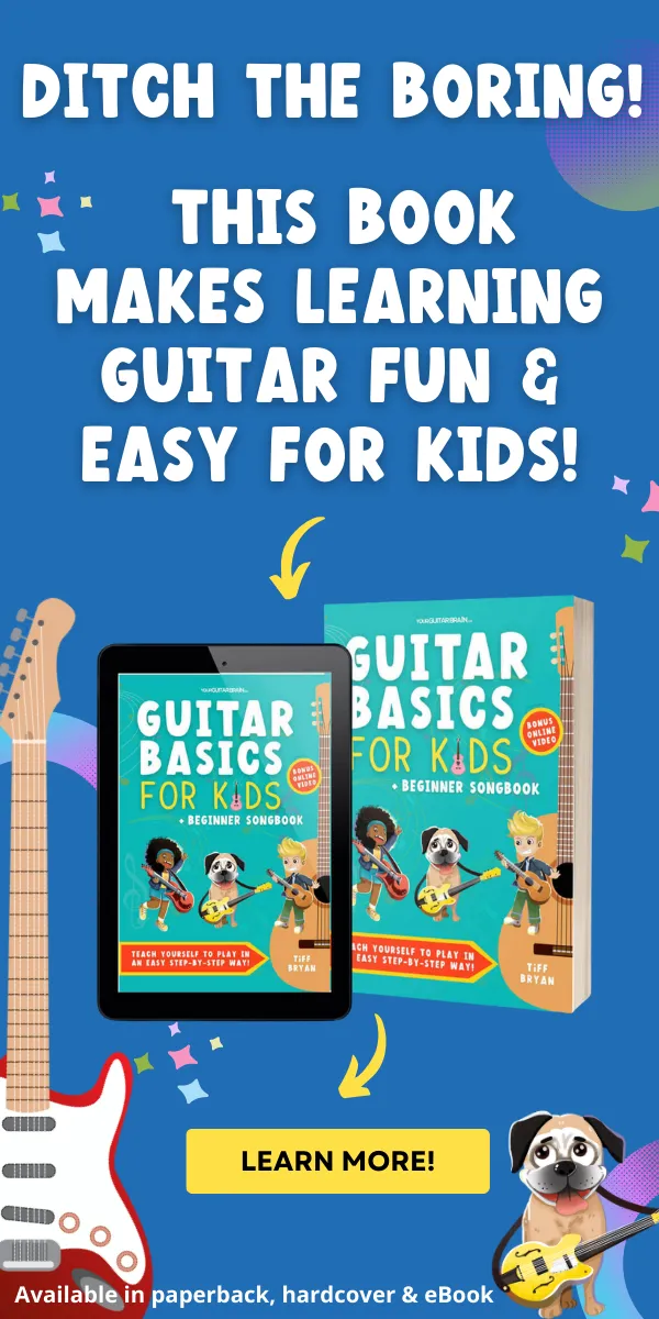 A learn to play guitar book titled 'Guitar Basics for Kids', with beginner guitar chords charts and easy guitar songs that teach how to play guitar and chords like the g chord and d chord