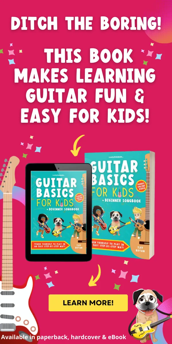 Banner for a children's beginner guitar songbook with fun and easy guitar lessons on how to play guitar