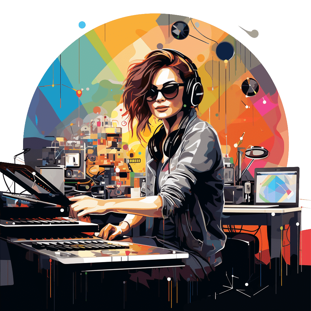 Illustration of a woman in headphones, keyboard in front, perfect for guitar lovers