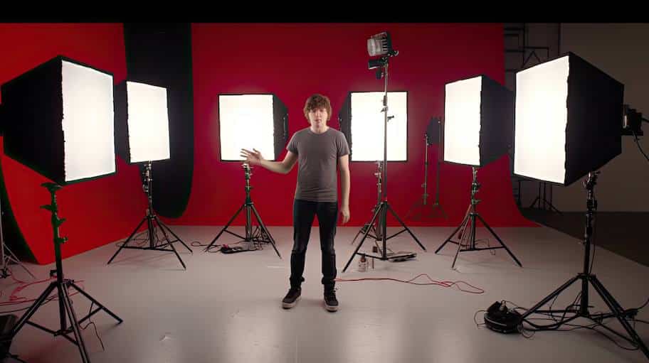 A person in a YouTube recording studio surrounded by studio lights