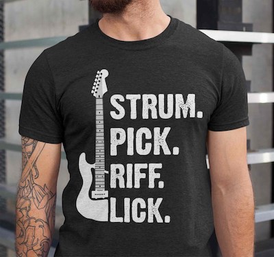 Small T Shirt_Strum, Lick, Pick Riff, funny guitar player gift, gift ideas for musicians, funny top for men