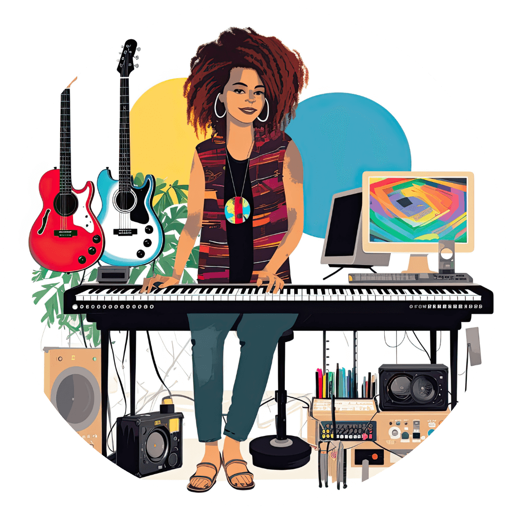 A female multi-instrumentalist musician playing the keyboard surrounded by electric guitars, an acoustic guitar DAW music production software and small guitar amps for home use