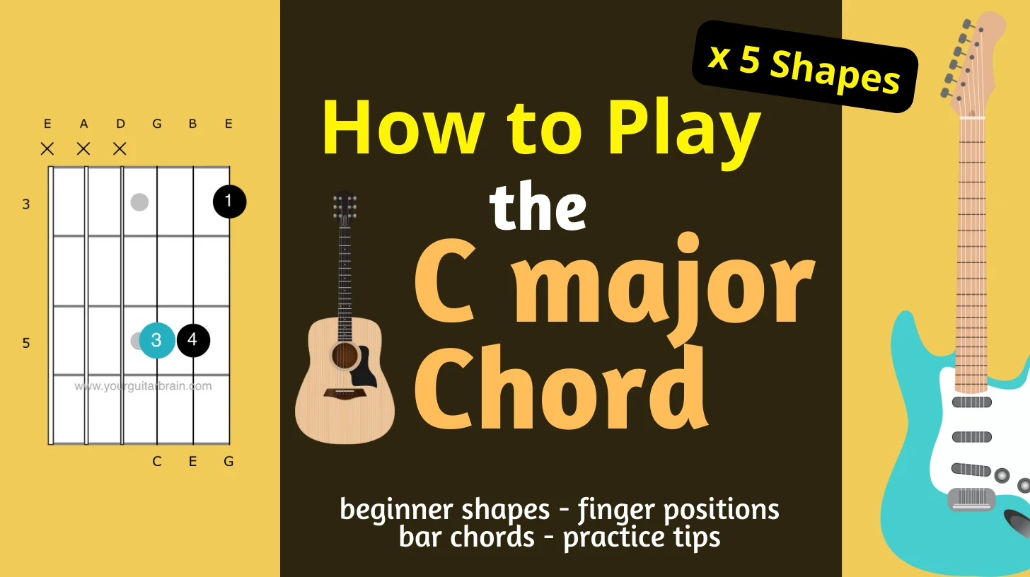 Learn how to play the C guitar chord with this step-by-step easy guitar lesson with easy and bar chord shapes for the C major