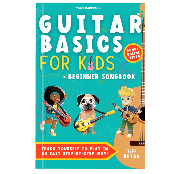 Front Cover mockup for the learn how to play guitar educational childrens book called "Guitar Basics for Kids