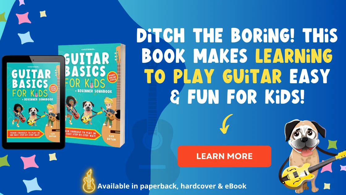 Cover of "Guitar Basics for Kids" a learn to play guitar childrens books featuring tracing activities, easy-to-follow lessons and beginner guitar songs