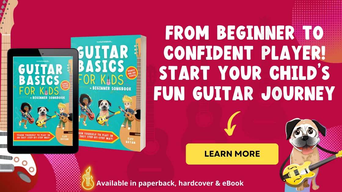 A children's educational book featuring step-by-step instructions on how to play guitar in a fun and engaging way for beginners.