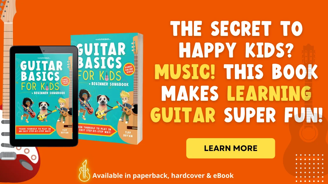 How to play guitar book for beginner guitar player children presented in a kid-friendly book format with educational content and tracing activities.