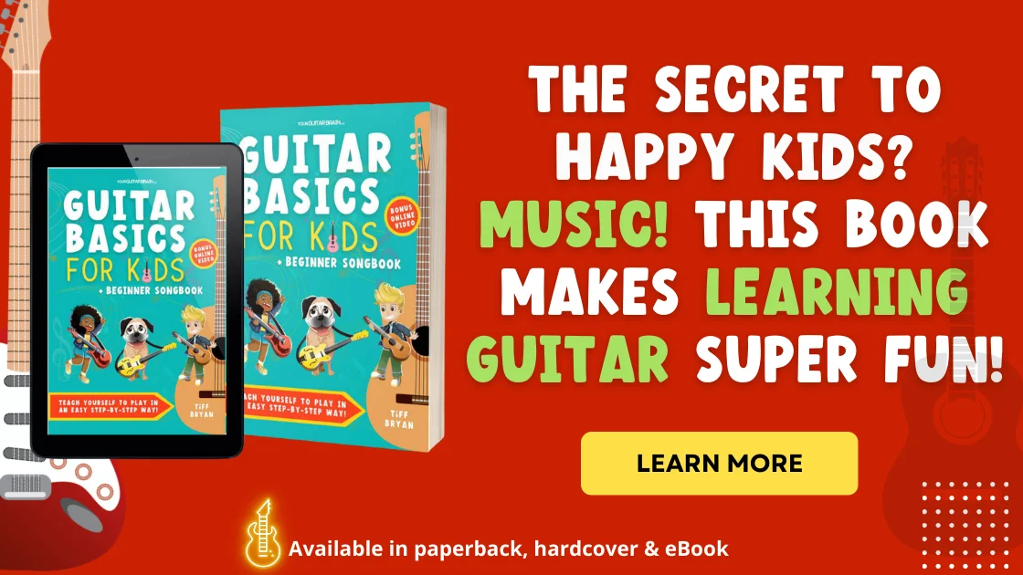 Banner for a children's beginner guitar songbook with fun and easy guitar lessons on how to play guitar with guitar chords like the d guitar chord
