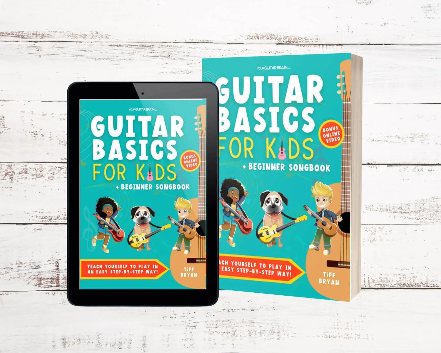 Childrens educational books called Guitar Basics for Kids which teaches them how to learn guitar and is kids creative activities